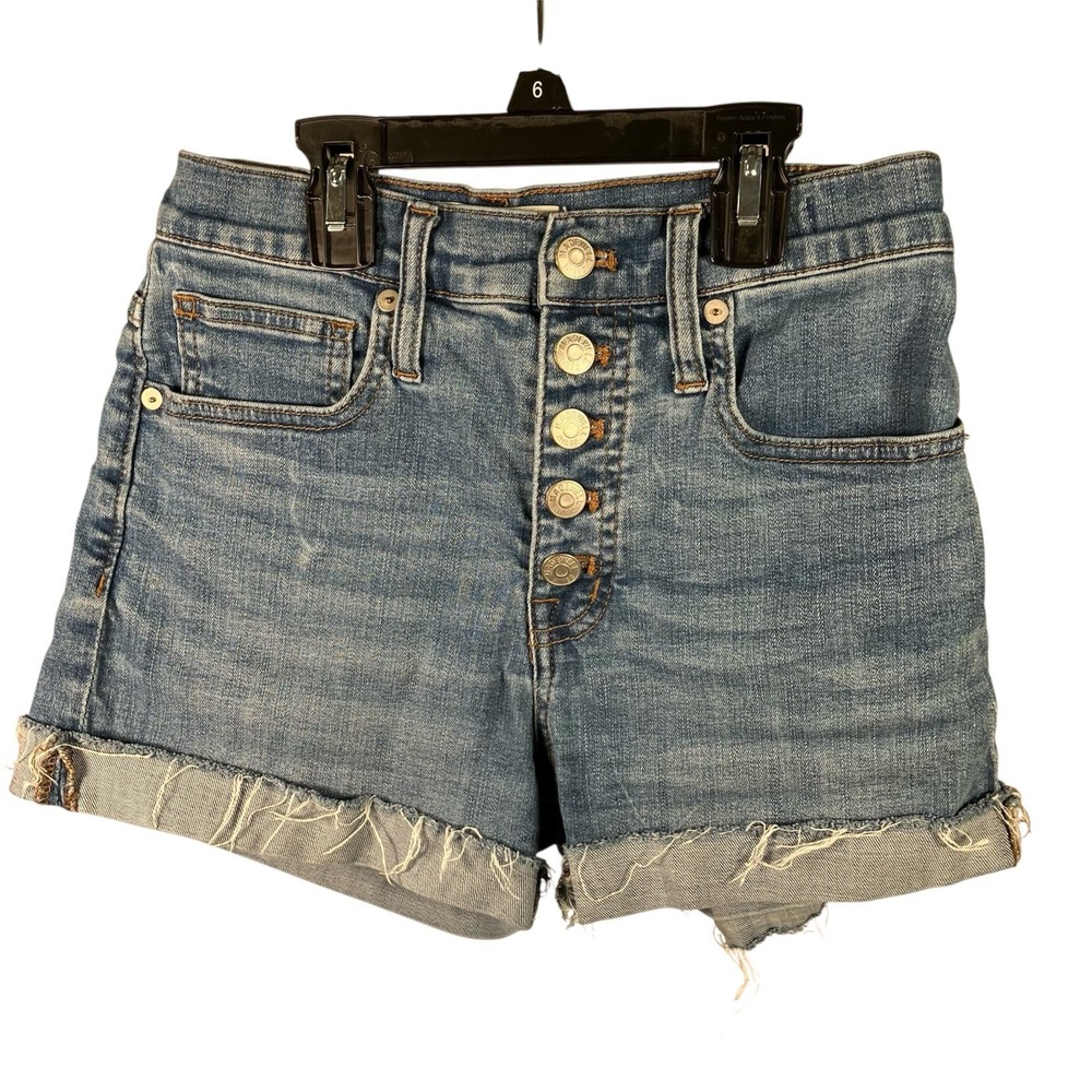 Madewell High Rise Denim Shorts Button‎ Fly Raw Hem Blue Jean Sz 24 Distressed
